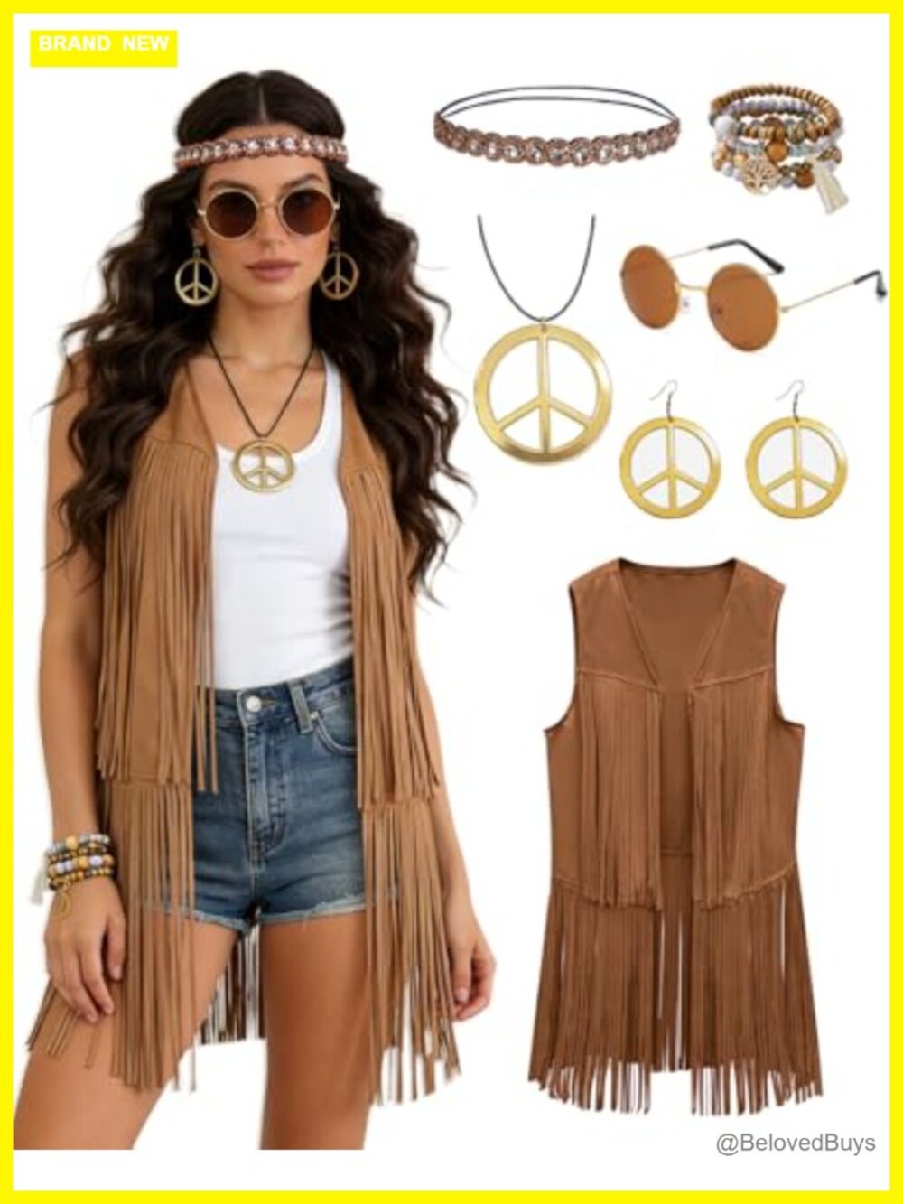 Hippie Costume Set Fringe Vest Accessories 60s 70s Outfit